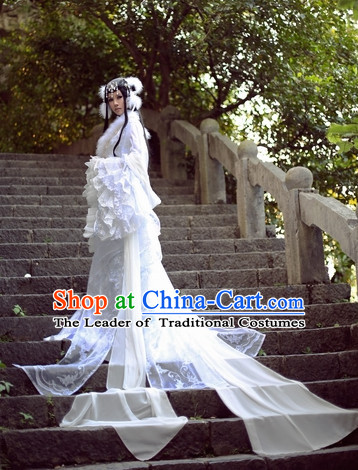 Top White Chinese Fairy Princess Hanfu Costumes Theater and Reenactment Costumes and Headgear Complete Set for Women