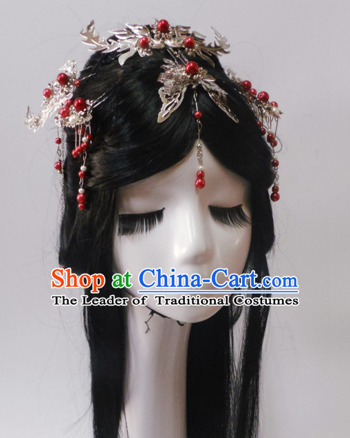 Red Chinese Classical Fairy Long Wigs and Headwear Crowns Hats Headpiece Hair Accessories Jewelry Set