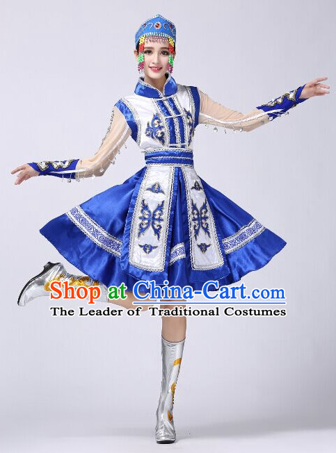 Chinese Folk Mongolian Dance Costumes and Hat Complete Set for Women