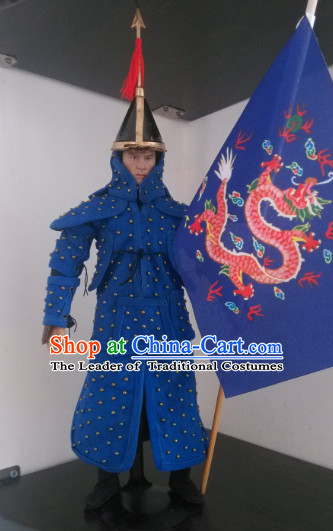Blue Chinese Qing Dynasty General White Armor Hanfu Dress Gown Costumes Ancient Costume Clothing Complete Set