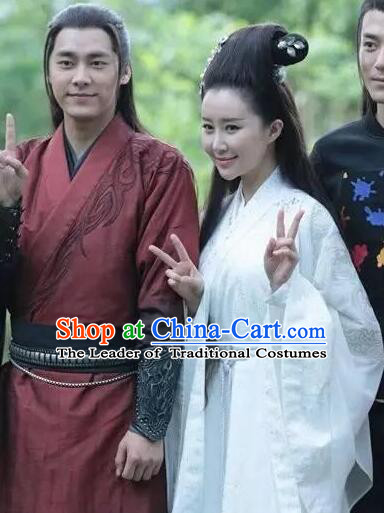 Chinese Ancient Swordsman Couple Costumes Dresses and Headpieces Complete Set for Men and Women