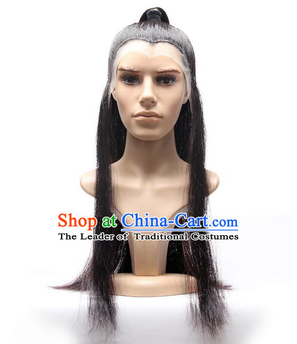 Chinese Ancient Swordsman Long Wig Set, Traditional Chinese Wig Hoods for Men