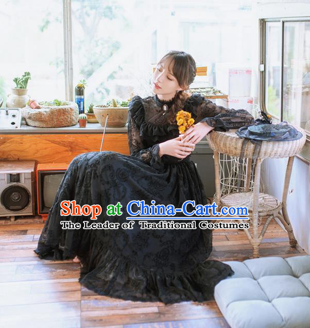 Traditional Classic Women Clothing, Traditional Classic Gothic Flocking Lace Long-Sleeved Dress Long Skirts