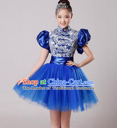 Traditional Chinese Classical Modern Dance Blue and White Porcelain Dress, Yangge Fan Dancing Costume Umbrella Dance Suits, Folk Dance Yangko Costume for Women