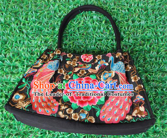 Traditional Chinese Miao Nationality Palace Handmade Double-Sided Embroidery Peacock Peony Handbag Hmong Handmade Embroidery Canvas Bags for Women