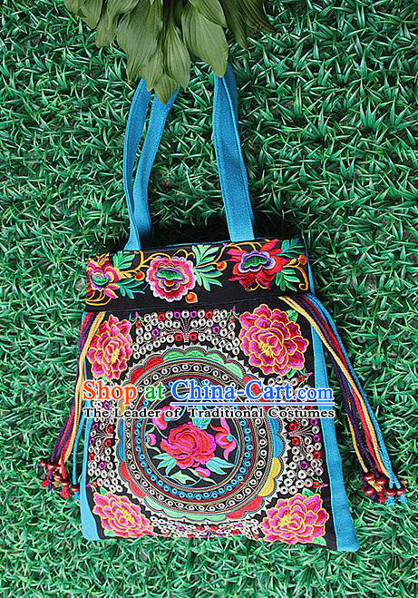 Traditional Chinese Miao Nationality Palace Handmade Single-Sided Embroidery Peony Handbag Hmong Handmade Embroidery Canvas Single Shoulder Bags for Women
