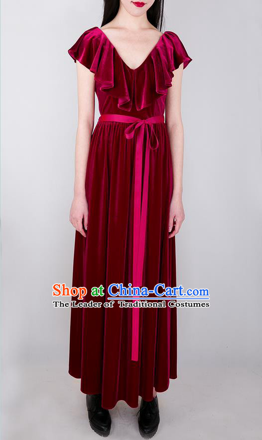Traditional Classic Women Clothing, Traditional Goose Down Even Garment Skirt Falbala Velvet Long Red Dress for Women