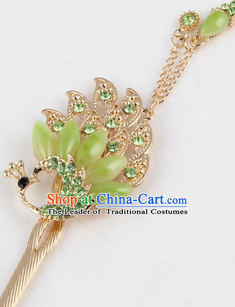 Korean Traditional Style Hairpins Bride Head Wear Up Do Tassels Bu Yao Peacock Spreading Tail Feathers Hair Clasp Green