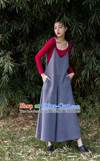 Traditional Classic Women Costumes, Traditional Classic Gray Leisure More Concise Design Leather Cashmere Jumpsuits Wide-Legged Pants