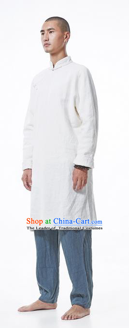 Traditional Chinese Linen Tang Suit Men Costumes Coats, Chinese Ancient Linen Slant Opening Plate Buttons Dust Coat Linen Frock for Men