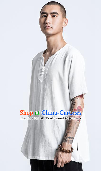 Traditional Chinese Linen Tang Suit Men Costumes, Chinese Ancient Silk Floss Short Sleeved T-Shirt Costume for Men