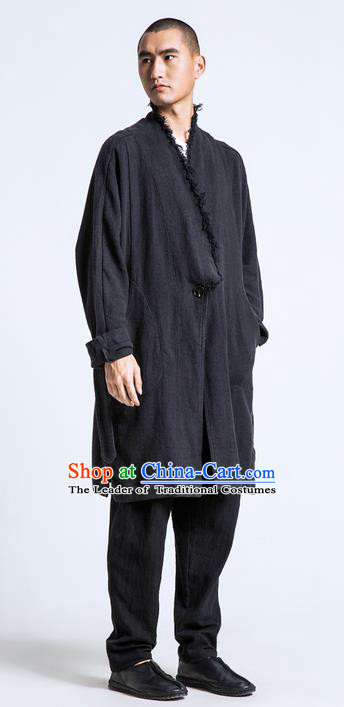 Traditional Chinese Linen Tang Suit Men Costumes, Hanfu Men Suits, Chinese Ancient Linen Fur Coat Hanfu Zen Suit Dust Coat for Men