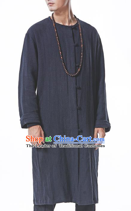 Traditional Chinese Linen Tang Suit Men Costumes, Chinese Ancient Hanfu Long Coat Dust Coat, Front Opening Plate Buttons Long Robe for Men