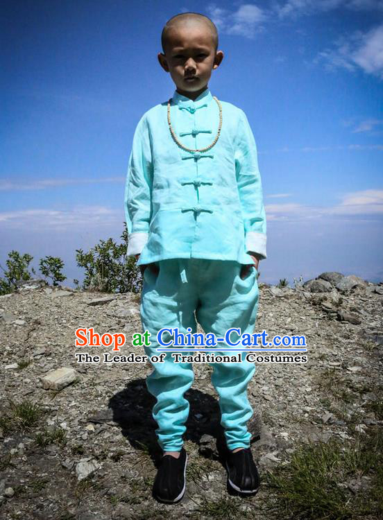 Traditional Chinese Linen Tang Suit Children Costumes, Hanfu Boys Suits, Chinese Ancient Front Opening Brass Buttons Long Sleeved Shirt and Pants Costume for Kids