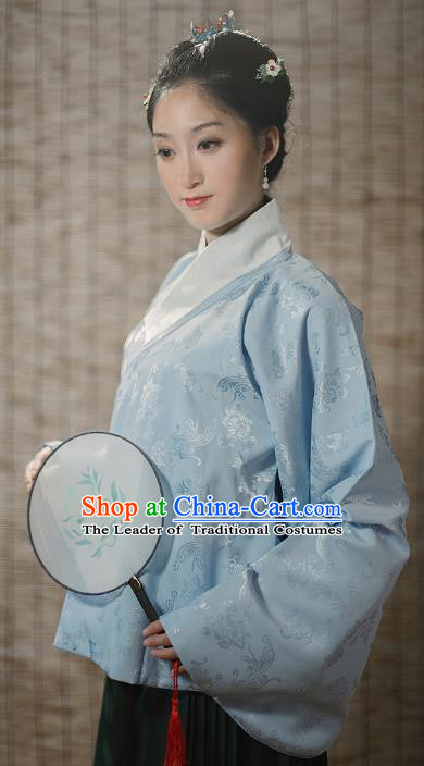 Traditional Chinese Ming Dynasty Young Lady Embroidered Costume Blue Silk Jacket, Asian China Ancient Hanfu Blouse for Women