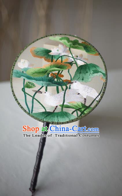 Traditional Chinese Palace Lady Accessories Hanfu Embroidered Birds Lotus Fans, Asian China Ancient Round Fan for Women