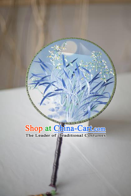 Traditional Chinese Palace Lady Accessories Hanfu Embroidered Orchid Fans, Asian China Ancient Round Fan for Women