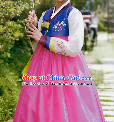 Traditional Korean Costumes Bride Wedding Deep Blue Blouse and Pink Silk Dress, Korea Hanbok Princess Court Embroidered Clothing for Women