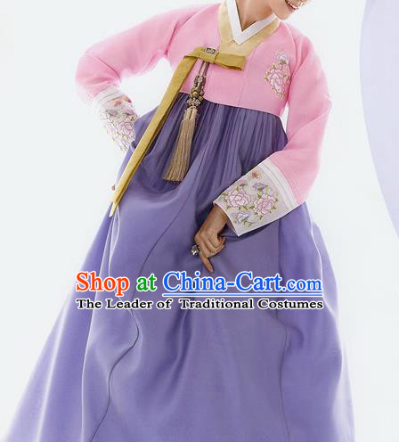 Traditional Korean Costumes Bride Wedding Pink Blouse and Purple Silk Dress, Korea Hanbok Princess Court Embroidered Clothing for Women