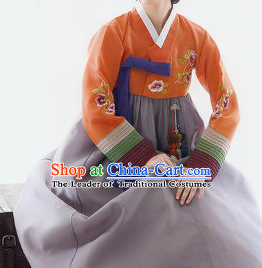 Traditional Korean Costumes Bride Wedding Orange Blouse and Purple Silk Dress, Korea Hanbok Princess Court Embroidered Clothing for Women