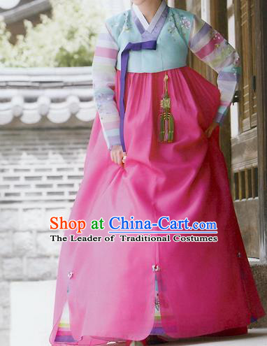 Traditional Korean Costumes Imperial Consort Wedding Blue Blouse and Pink Dress, Asian Korea Hanbok Court Bride Embroidered Clothing for Women