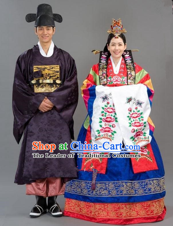 Traditional Korean Costumes Emperor and Empress Formal Attire Ceremonial Cloth, Asian Korea Hanbok Embroidered Clothing for Women for Men