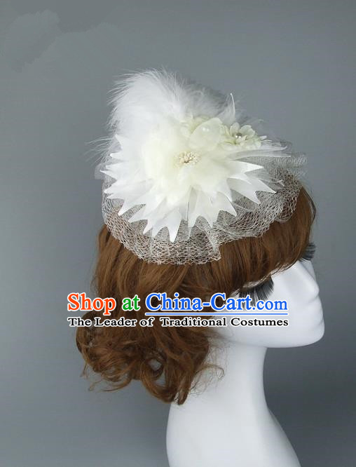 Top Grade Handmade Wedding Hair Accessories White Feather Top Hat, Baroque Style Bride Headwear for Women