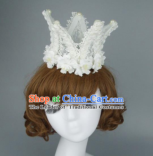 Top Grade Handmade Princess Hair Accessories Model Show White Flowers Royal Crown, Baroque Style Bride Deluxe Headwear for Women
