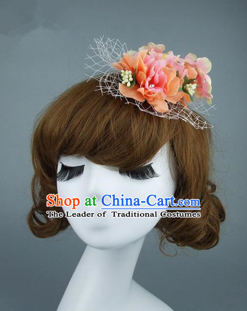 Top Grade Handmade Wedding Hair Accessories Model Show Pink Flowers Veil Hair Stick, Baroque Style Bride Deluxe Headwear for Women