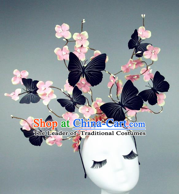 Asian China Butterfly Pink Flowers Hair Accessories Model Show Headdress, Halloween Ceremonial Occasions Miami Deluxe Headwear