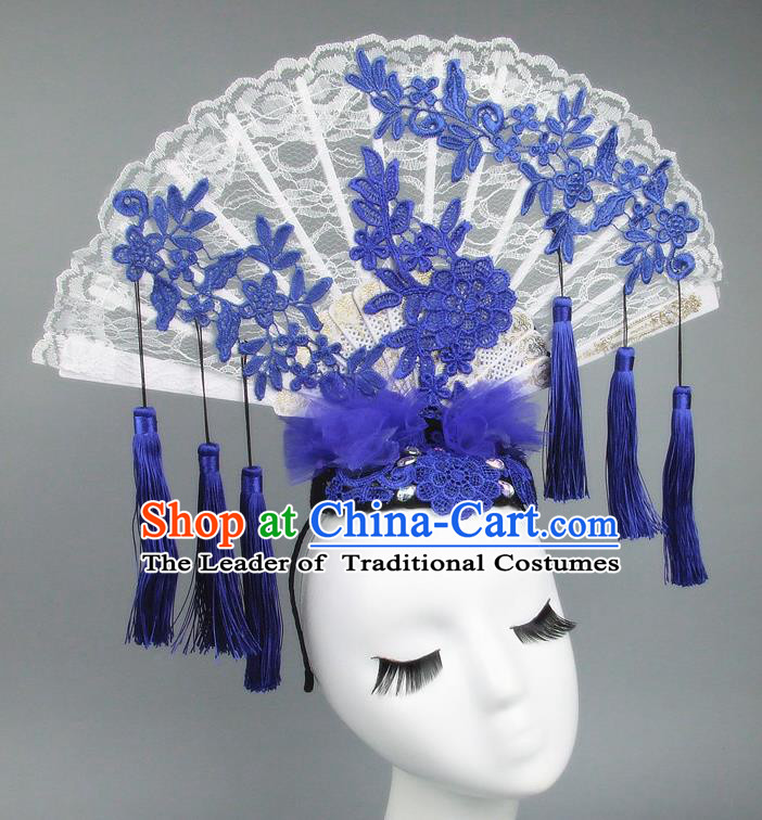 Asian China Theatrical Ornamental Flowers Floral Hair Accessories Model Show Lace Tassel Headdress, Traditional Chinese Manchu Lady Headwear for Women
