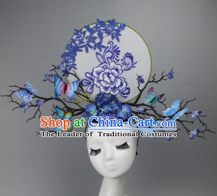 Asian China Theatrical Ornamental Flowers Butterfly Floral Hair Accessories Model Show Headdress, Traditional Chinese Manchu Lady Headwear for Women