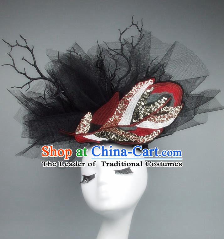 Asian China Black Veil Hair Accessories Model Show Headdress, Halloween Ceremonial Occasions Miami Deluxe Headwear