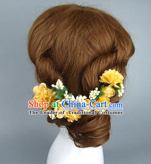 Asian China Wedding Yellow Flowers Hair Accessories, Model Show Headdress Bride Headwear for Women