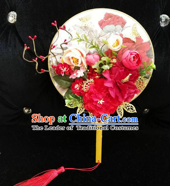 Traditional Handmade Chinese Ancient Wedding Round Fans, Hanfu Palace Lady Bride Mandarin Fans for Women