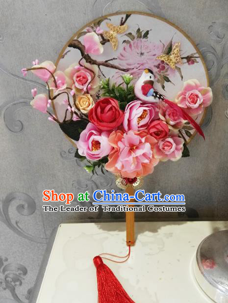 Traditional Handmade Chinese Ancient Wedding Round Fans, Hanfu Palace Lady Bride Pink Flowers Mandarin Fans for Women