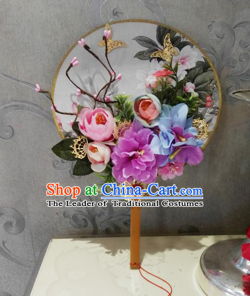 Traditional Handmade Chinese Ancient Wedding Round Fans, Hanfu Palace Lady Bride Pink Rose Flowers Mandarin Fans for Women