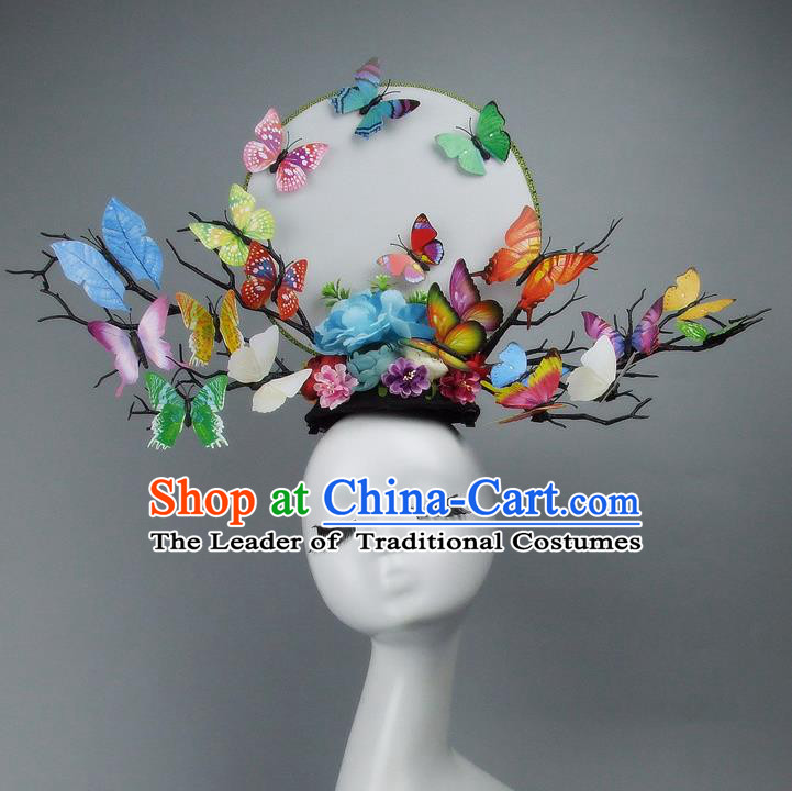 Traditional Handmade Chinese Ancient Hair Accessories, Qin Dynasty Butterfly Hat Headwear Model Show Headdress Tuinga for Women