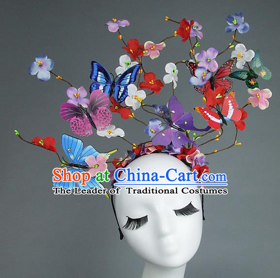 Asian China Exaggerate Hair Accessories Model Show Butterfly Headpiece, Halloween Ceremonial Occasions Miami Deluxe Headwear