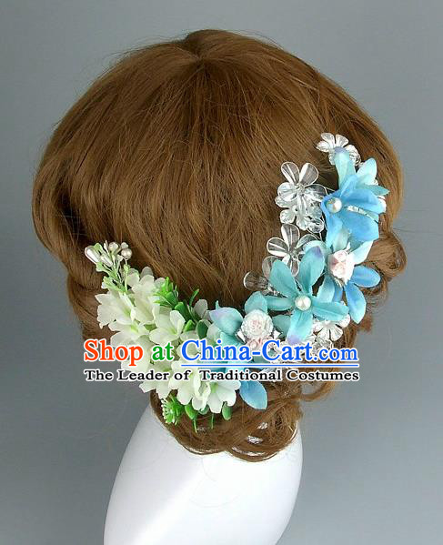 Top Grade Handmade Wedding Hair Accessories Blue Flowers Hair Clasp, Baroque Style Bride Hair Stick Headwear for Women
