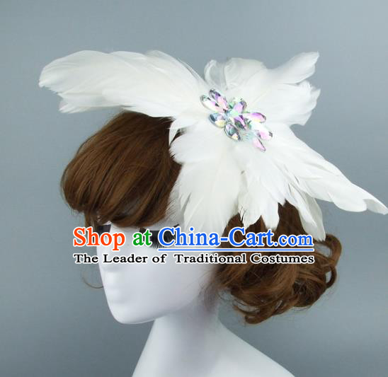 Top Grade Handmade Halloween Hair Accessories Model Show White Feather Hair Stick, Baroque Style Deluxe Headwear for Women