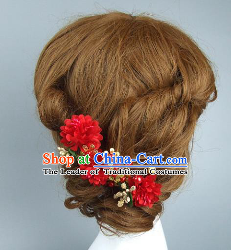 Top Grade Handmade Wedding Hair Accessories Red Flowers Hair Stick, Baroque Style Bride Headwear for Women
