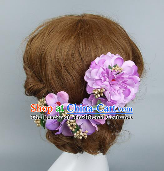 Top Grade Handmade Wedding Hair Accessories Purple Flowers Headband Hair Clasp, Baroque Style Bride Headwear for Women