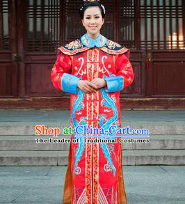 Traditional Ancient Chinese Manchu Palace Lady Costume, Asian Chinese Qing Dynasty Empress Dowager Dress Red Clothing for Women
