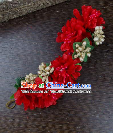 Top Grade Handmade Wedding Hair Accessories Red Flowers Hair Stick Headpiece, Baroque Style Bride Headwear for Women