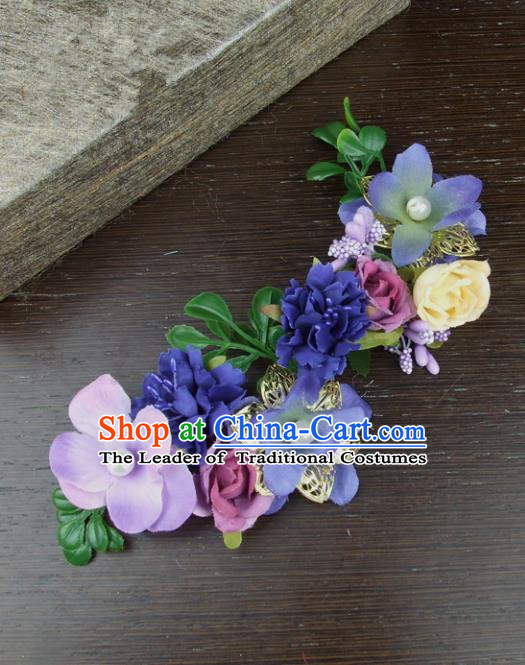 Top Grade Handmade Wedding Hair Accessories Purple Silk Flowers Hair Stick, Baroque Style Bride Headwear for Women