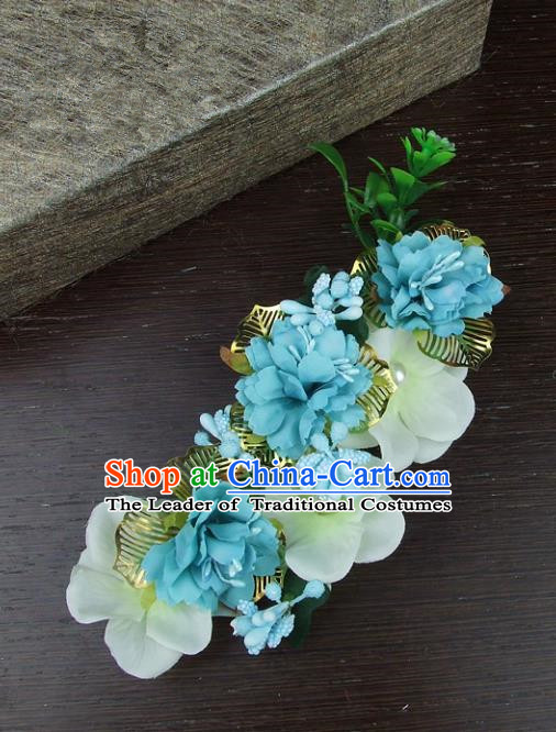 Top Grade Handmade Wedding Hair Accessories Blue Headdress Silk Flowers, Baroque Style Bride Pearls Headwear for Women