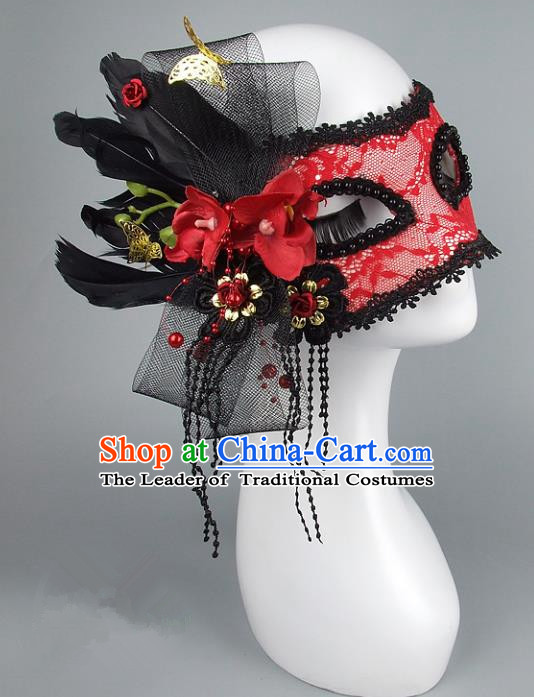 Top Grade Handmade Exaggerate Fancy Ball Accessories Model Show Red Lace Mask, Halloween Ceremonial Occasions Face Mask
