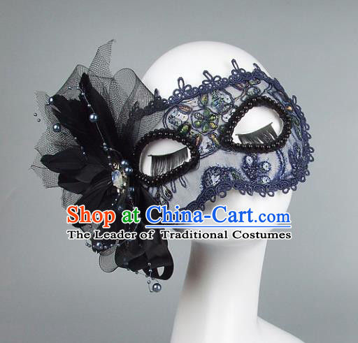 Top Grade Handmade Exaggerate Fancy Ball Accessories Model Show Blue Lace Mask, Halloween Ceremonial Occasions Face Mask