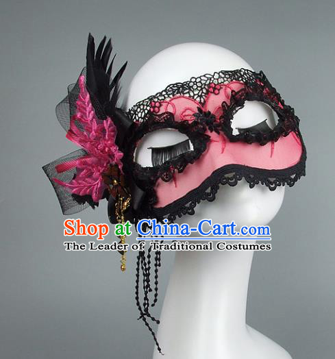 Top Grade Handmade Exaggerate Fancy Ball Accessories Model Show Pink Lace Feather Mask, Halloween Ceremonial Occasions Face Mask